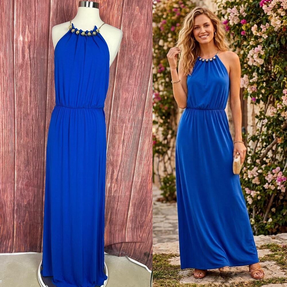 Lilly‎ Pulitzer Inna Women’s Blue And Gold Maxi Sleeveless Dress Beaded Small
